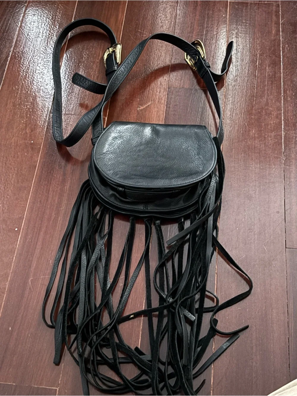 B-low the belt Fringe Crossbody Saddle Bag with Gold Hardware